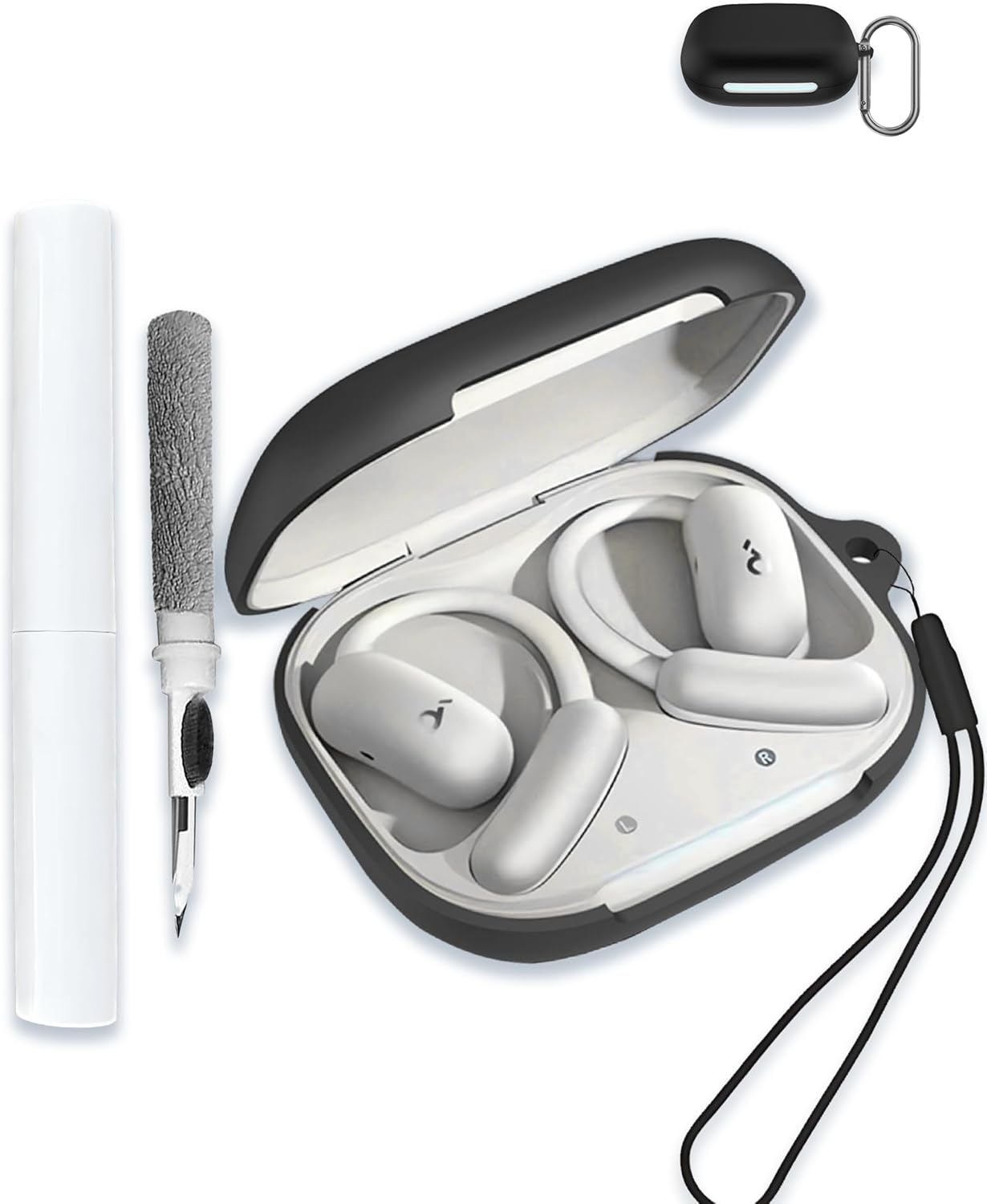 Case for Soundcore AeroFit 2 by Anker, Noise Cancelling Wireless Earbuds, WUNIAK Soft Silicone Protective Portable Scratch Shock Resistant Shell with Cleaner Kit & Carabiner & Lanyard,Black