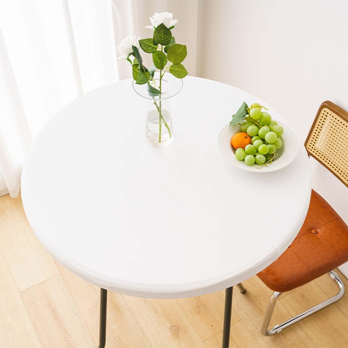 Miaogoo Waterproof Circular Tablecloth Elastic Edged Fitted Table Protector Oil-proof PU Leather Stain Resistant Wipeable Kitchen Table Cover for Restaurant Dining Party (White,140cm)
