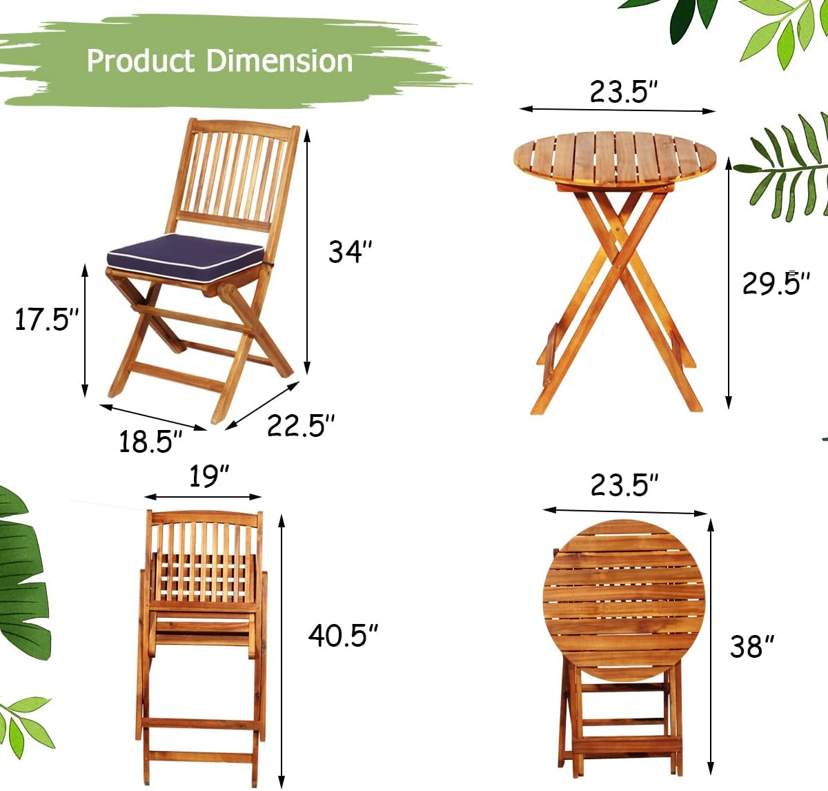 FANTASK 3 Pieces Folding Acacia Wood Bistro Set, Patio Furniture Set with Cushions & 1 Round Table, Indoor Outdoor Bistro Table and Chairs Set of 2 for Patio, Garden, Poolside, Porch, Lawn (Navy)