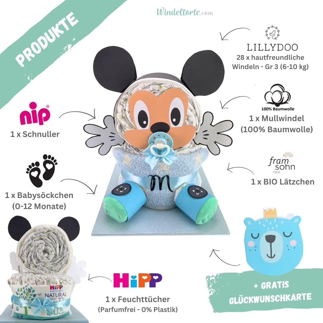 Maus | Windelmaus - Blau oder Rosa - Jungen oder Mädchen - LILLYDOO Windeln | Geschenk zur Geburt | Taufgeschenk | Geschenk zur Babyparty – Windelgeschenk (Blau/Junge)