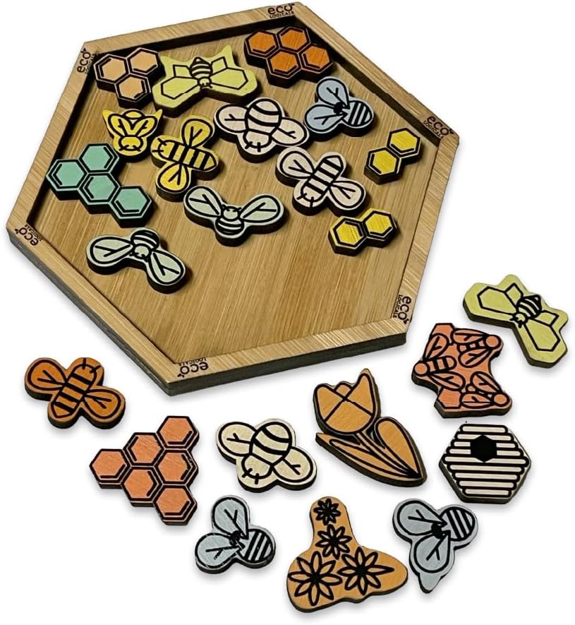 Bumble Jumble Tangram Puzzle, 23-Piece Wooden Brain Teaser, Eco Bamboo Hive Pack It in for Adults & Kids, Logic Desk Game & Quick Thinking Challenge