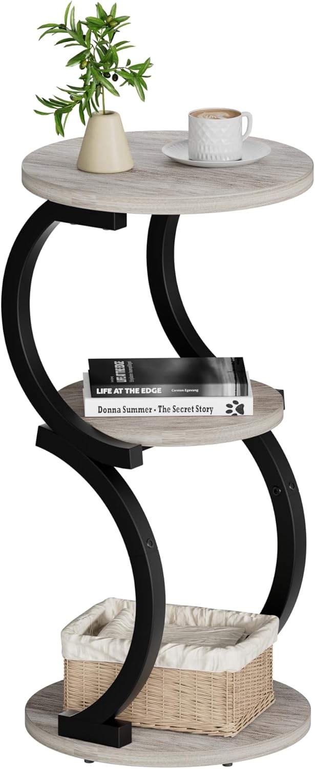 JUSTOGO 3-Tier S-Shaped Round Side Table Greige - Vintage Small End Table Nightstand for Living Room Bedroom Small Spaces