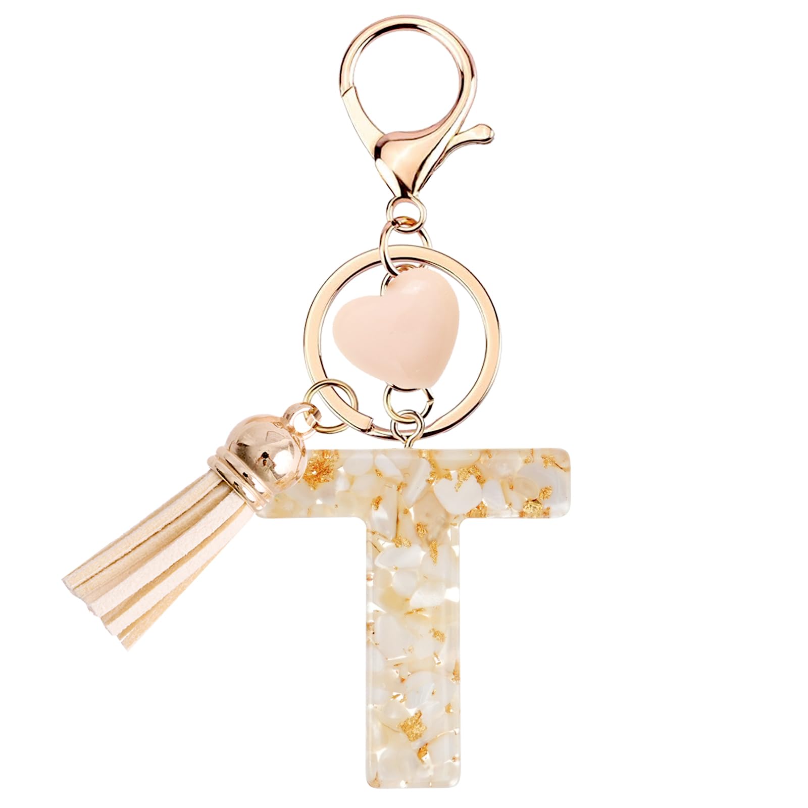 Personalised Letter Keychain - Gold Resin Heart Keyring with Beige Tassel, Custom Initial Charm for Backpacks, Car Keys, Gifts for Women & Kids