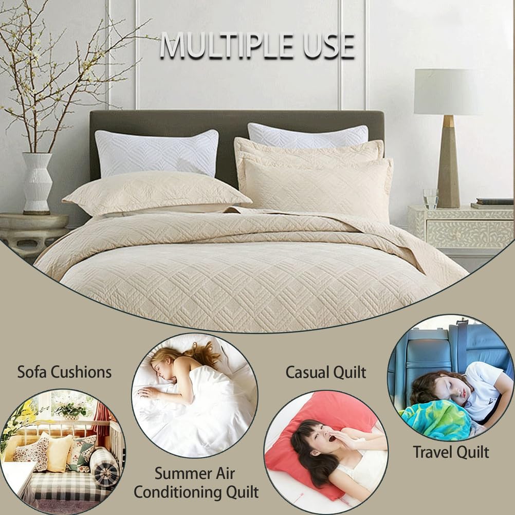Genérico Colcha para Cama de, Colcha de Microfibra, con 2 Fundas de Almohada, Suave y Ligera, para Todas Las Estaciones,Beige,250x270+50x70