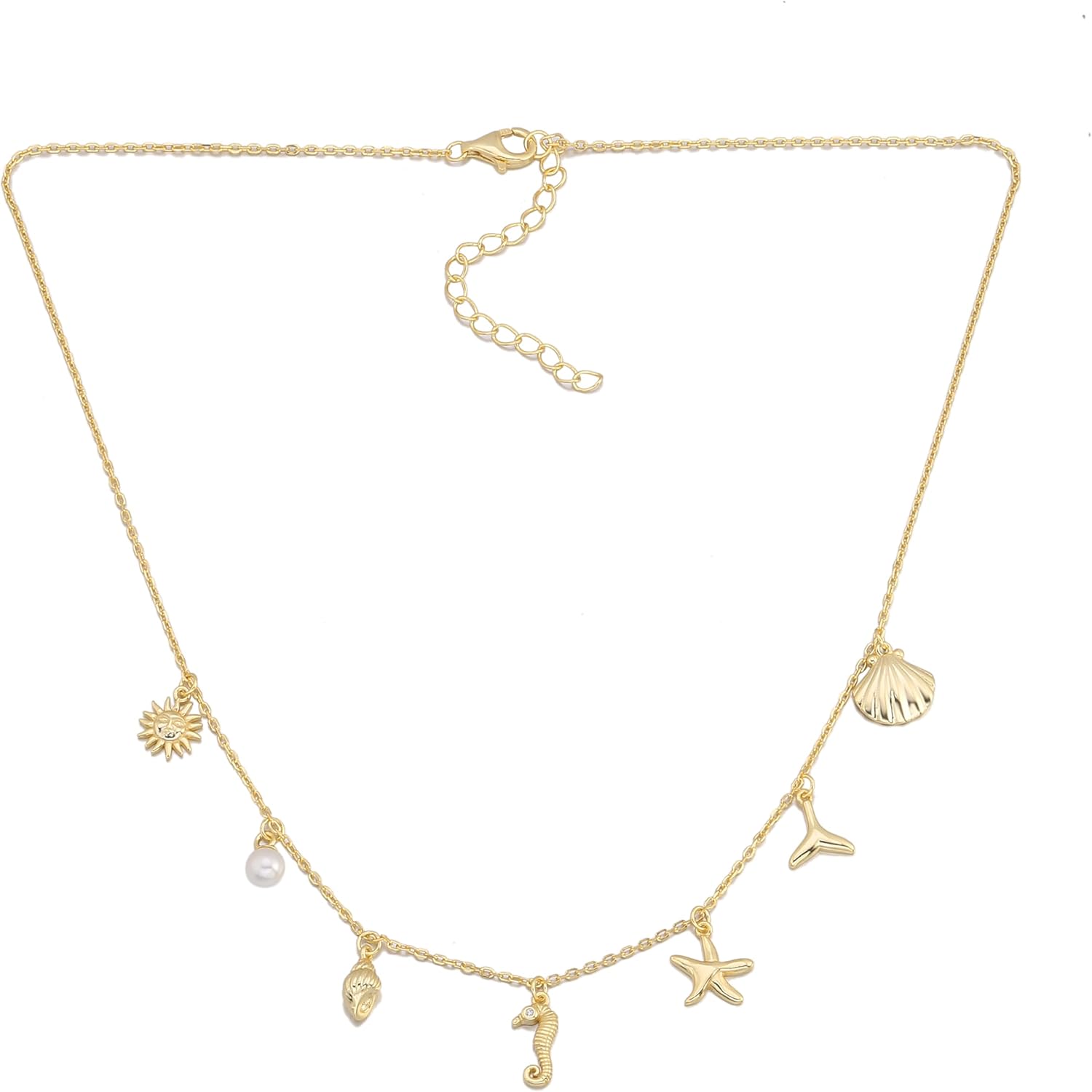 Valentines Day Gifts, 7 Charm Ocean Necklace for Women, Nautical Theme with Shell Starfish Seahorse Whale Tail Pearl, 14K Gold Plated S925 Sterling Silver Delicate Beach Jewelry Gift