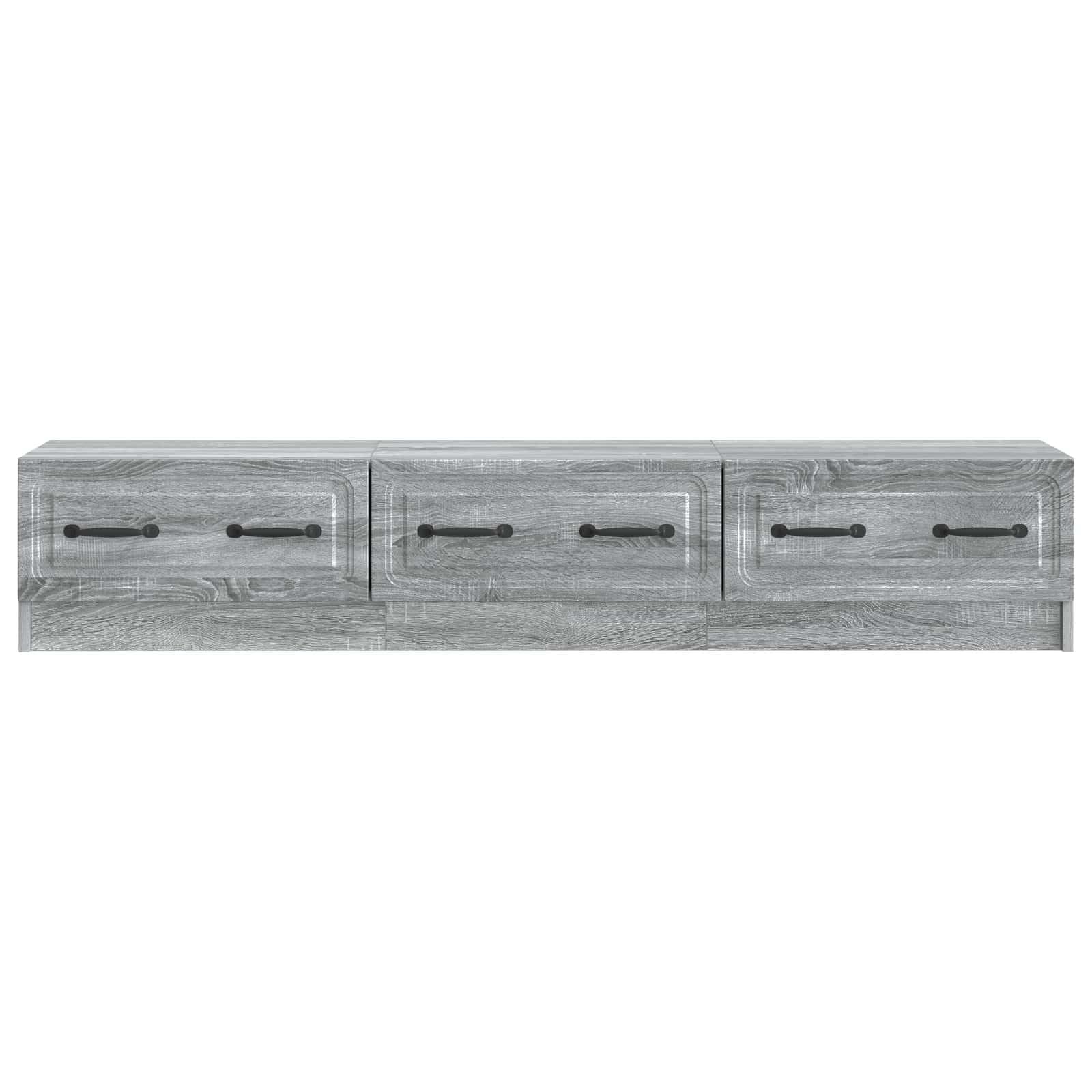 Szafka TV Sonoma szara z materiału drewnopochodnego, 147 x 34,5 x 27 cm, niska szafka z 3 szufladami, miejsce do przechowywania telewizora, odbiornika, konsoli do gier i aranżacji salonu