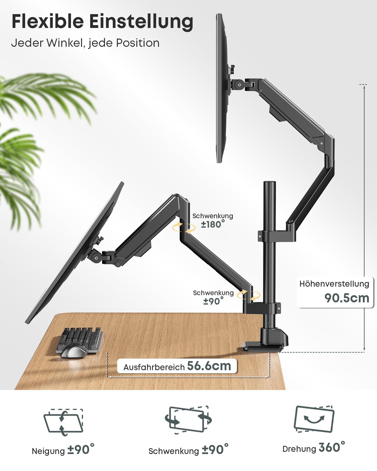 Monitor Halterung 2 Monitore für 17-40 Zoll, Gasfeder, Vollbewegung