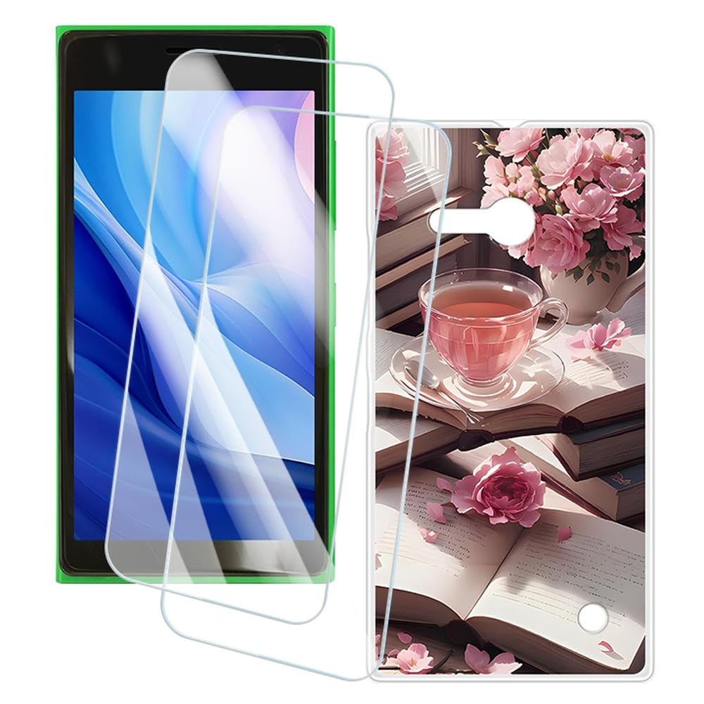 2 Pack Screen Protector + Case Compatible with Nokia Lumia 730 (4.7 inch) Case Artistic Custom Printed Cover and Tempered Glass Film Anti-Scratch (Pink Afternoon)