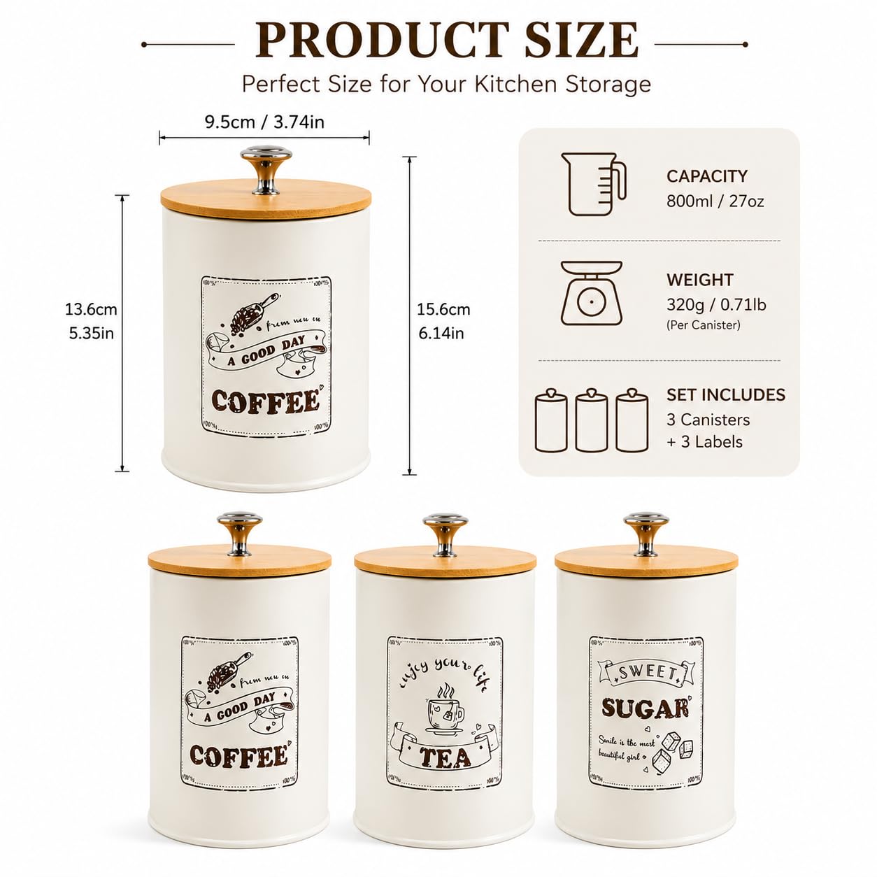 Set 3 Barattoli Rotondi per Conservazione, Contenitori Caffè in Metallo con Coperchio Ermetico Bambù, 800ml per Caffè, Tè, Zucchero, Organizzazione Cucina, 15.6x9.5 cm