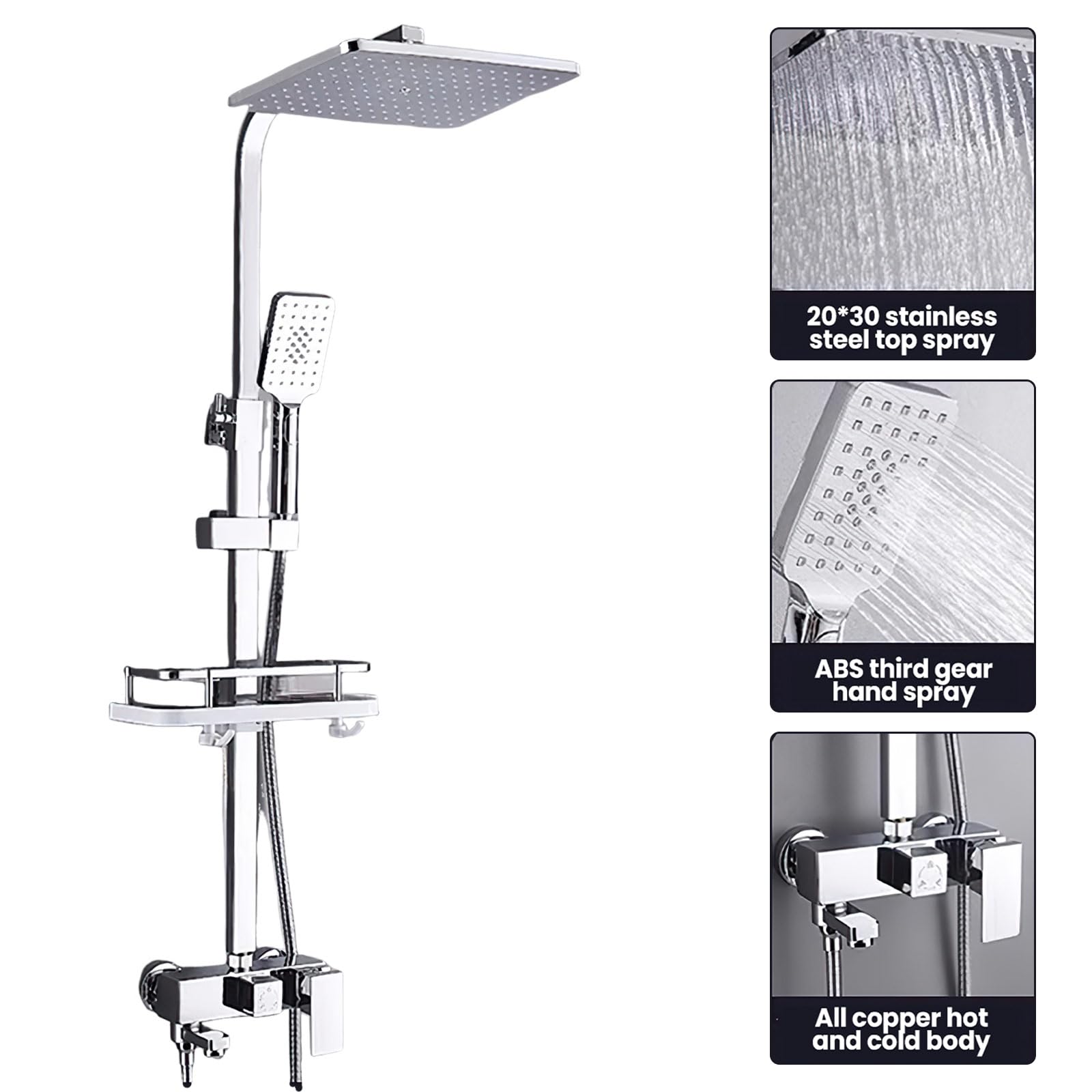 Columna de ducha termostática, panel de ducha de acero inoxidable con grifo, ajustable 85-125 cm, 4 boquillas, columna de ducha de acero inoxidable con mezclador (plata – tres velocidades)