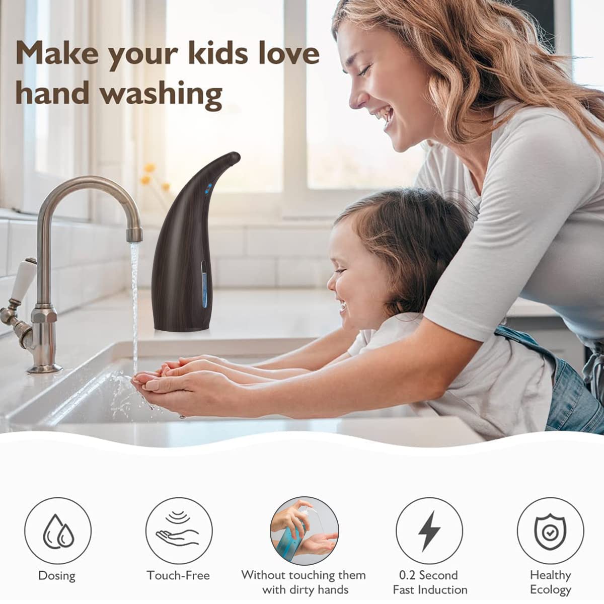 Wood Grain Automatic Touchless Soap Dispenser - 300ml, IP65 Waterproof, Auto Sensor for Kitchen, Bathroom, Hotel, Restaurant