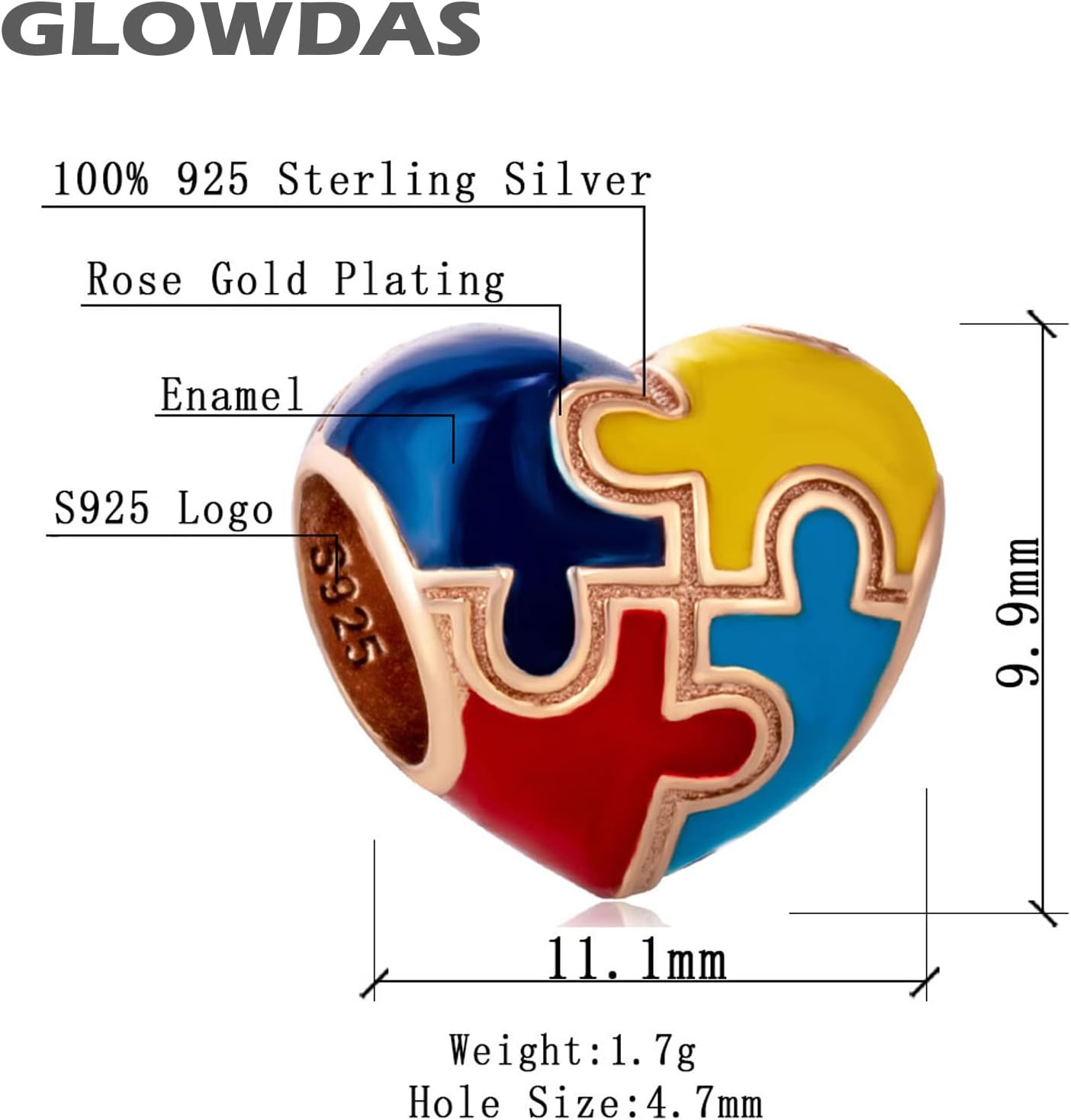 Autism Awareness Charms fit Pandora First Mothers Day Bracelet, 925 Sterling Silver Colorful Puzzle Pieces Enamel Heart Autistic Beads, Gift for Son/Daughter/Cousin - Image 2