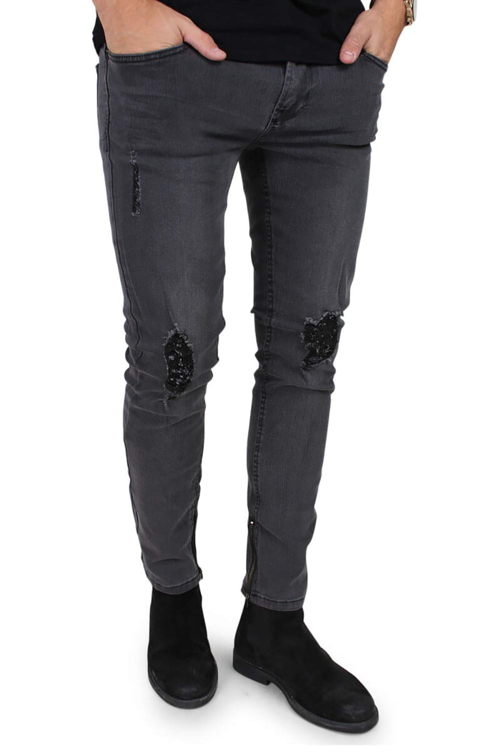 Only & Sons Mens Super Stretch Skinny Ripped Distressed Jeans Dark Grey 34W/32L