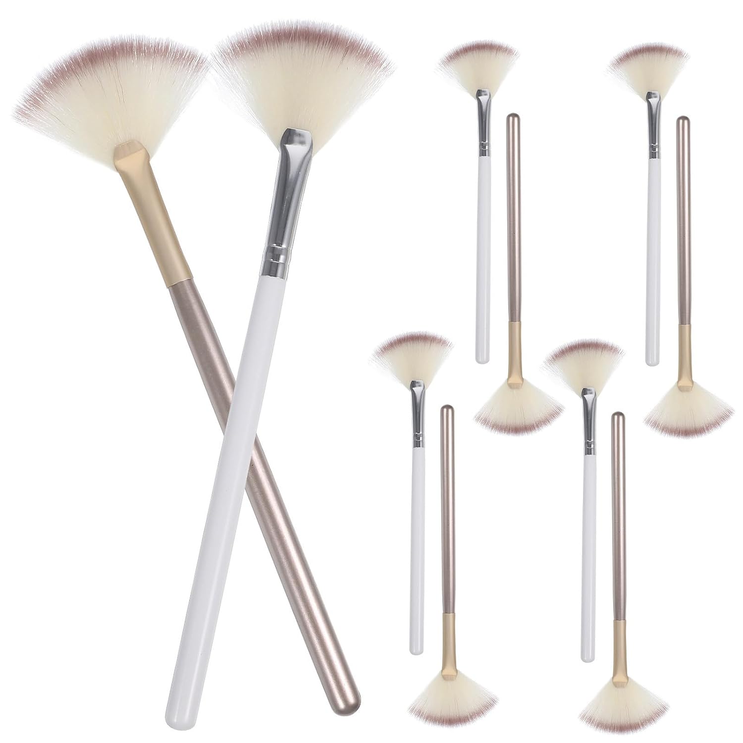 FRCOLOR 10pcs Small Fan Makeup Brushes Set with Silver and Light Gold Bristles, Facial Esthetician Tools for Highlighter Application and Face Mask, Professional Cosmetic Fan Brushes