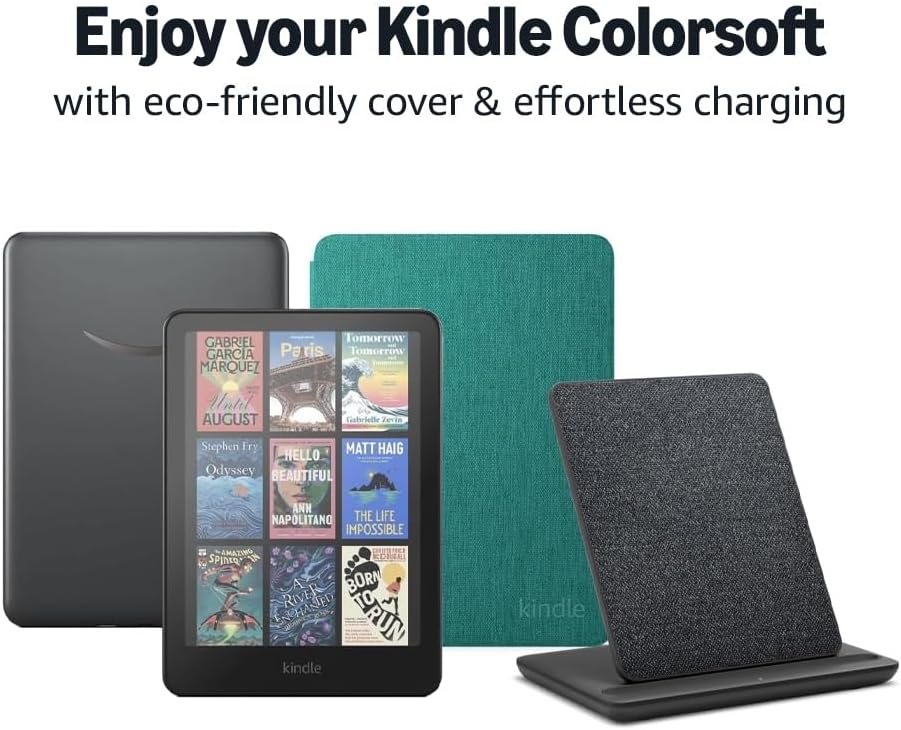 Kindle Colorsoft Signature Edition 32 GB without ads, an Amazon Fabric Cover and a Made for Amazon Wireless Charging Dock