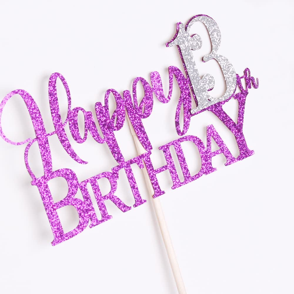 Sunny ZX Purple Glitter Happy 13th Birthday Cake Topper,Hello 13