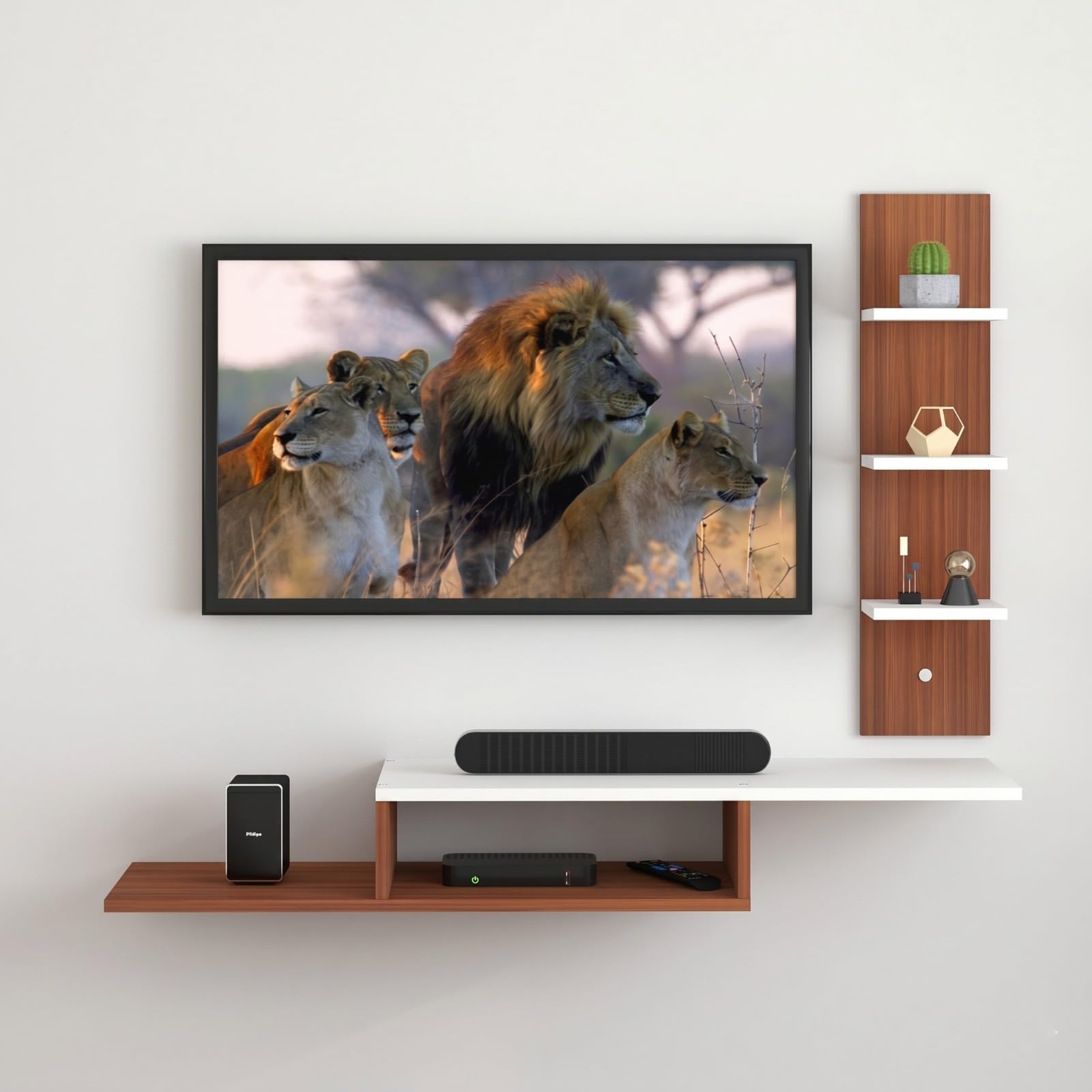 Wall Mounted TV Unit for Living Room | Floating TV Entertainment Unit with 3 Display Shelves & Storage Rack | Engineered Wood TV Wall Shelf for Set Top Box, WiFi Router & Décor | Walnut & White-picture-19