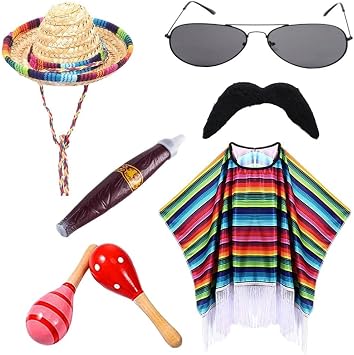 Mexican Costume Set, Costume, Mexican, Rainbow Poncho, Shoulder, Fancy Cloak, Western Theater, Traditional Costume, Ethnic Clothing, Ghosting, Classic, Cultural Festival, Cosplay, 6 Piece Set