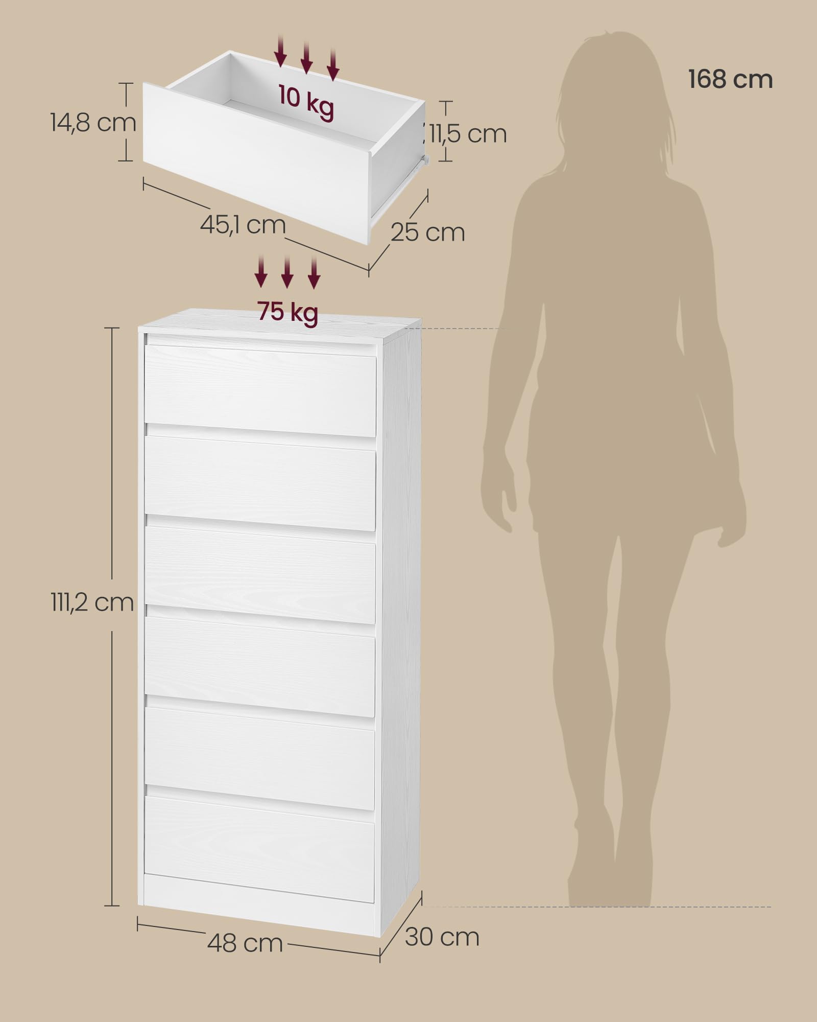 VASAGLE Colección Kailyn - Cómoda de 6 Cajones para Dormitorio, Armario de Almacenamiento, Mueble para Ropa, 30 x 48 x 111,2 cm, Estilo Moderno, Blanco Nieve LTS606WE01
