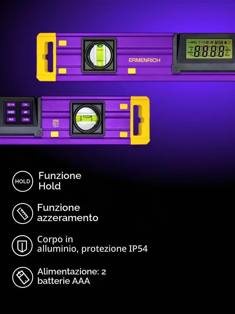 Verk LY40 Inclinometro Digitale 0–360° con Livella a Bolla | Orizzontale e Verticale Display LCD Indicatore Sonoro Pulsante Hold IP54 Impermeabile per Falegnameria, Casa e Fai da Te