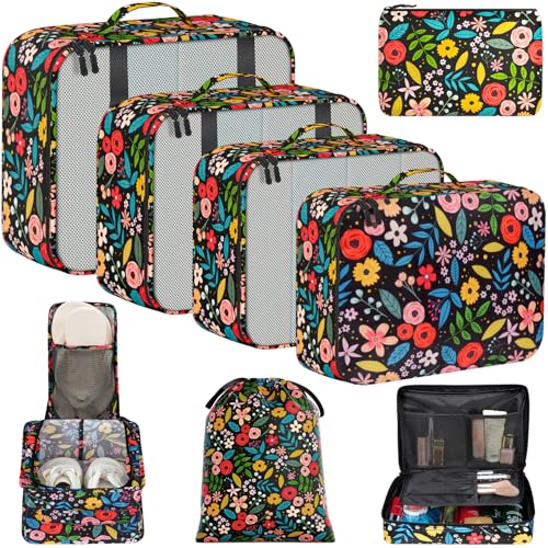 Image of BAGAIL 8 Set Packing Cubes Luggage Packing Organizers for Travel Accessories-Black Floral
