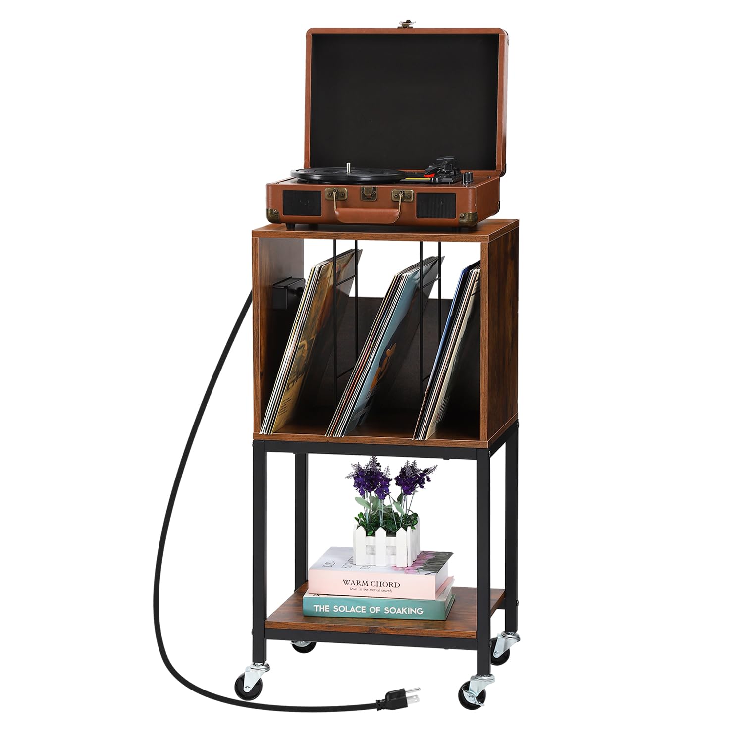MOOACE Record Player Table, Vinyl Shelf with USB Ports and Outlets Turntable Stand Cabinet, Storage Up to 90 Albums Holder Wheels Records Table, for End Table Living Room Bedroom Organizer Brown