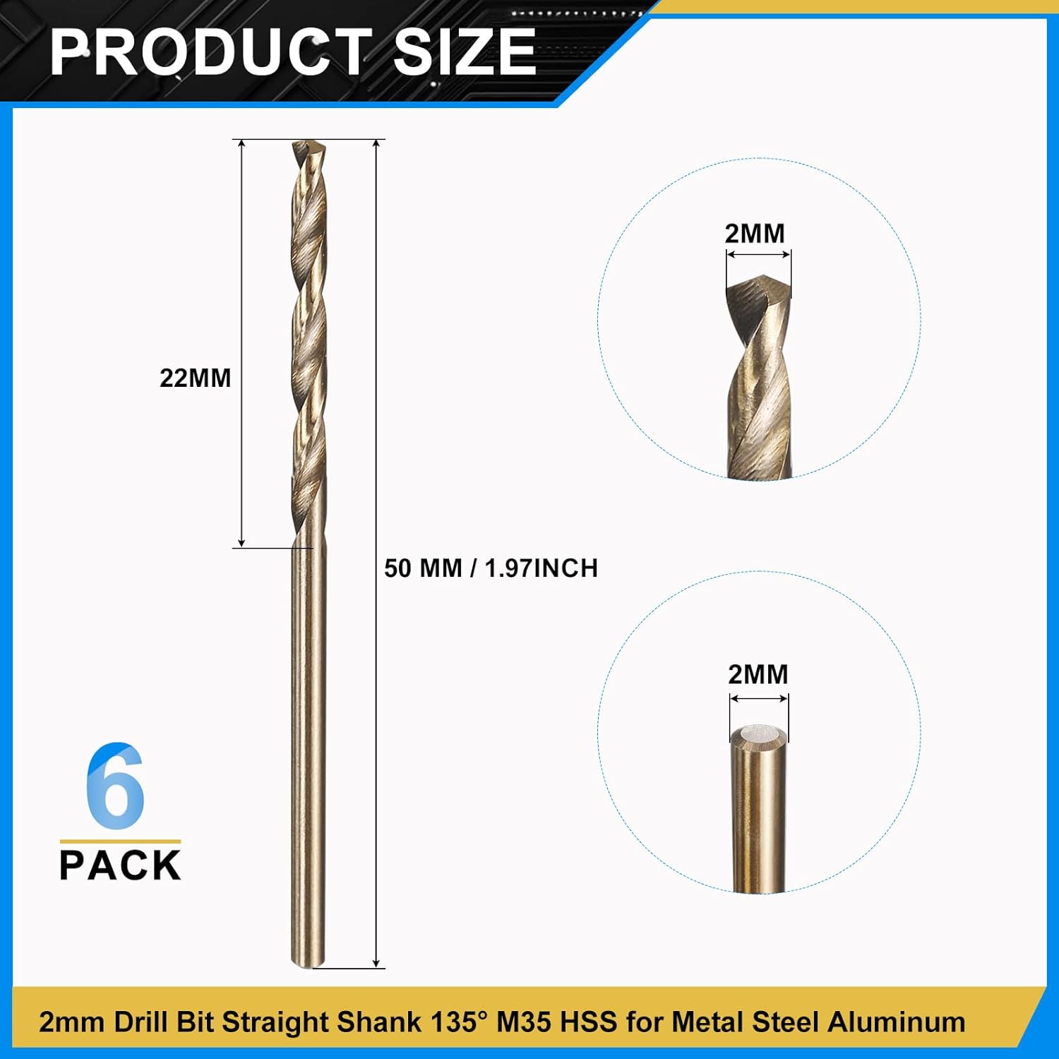 PATIKIL 2mm Drill Bit, Jobber Straight Shank M2 High-Speed Steel 118° Gold Finish for Stainless Steel Hard Metal - 6 Pack
