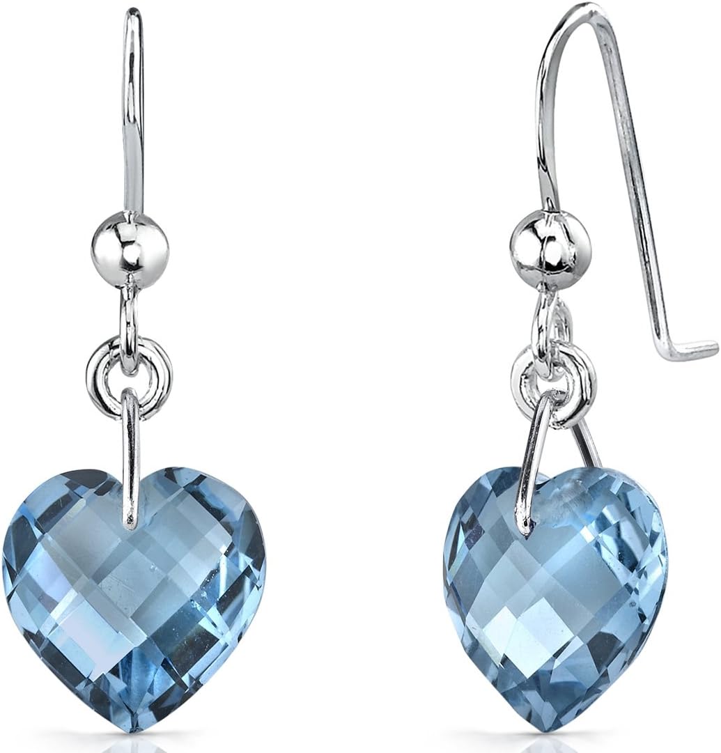 Peora London Blue Topaz Heart Earrings for Women 925 Sterling Silver, Natural Gemstone Birthstone, 8.25 Carats total 10mm, Dangle Drop Fishhook