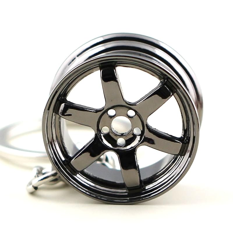 Chaveiro automotivo miniatura de roda TE37 Six Star em liga de zinco preta maycom