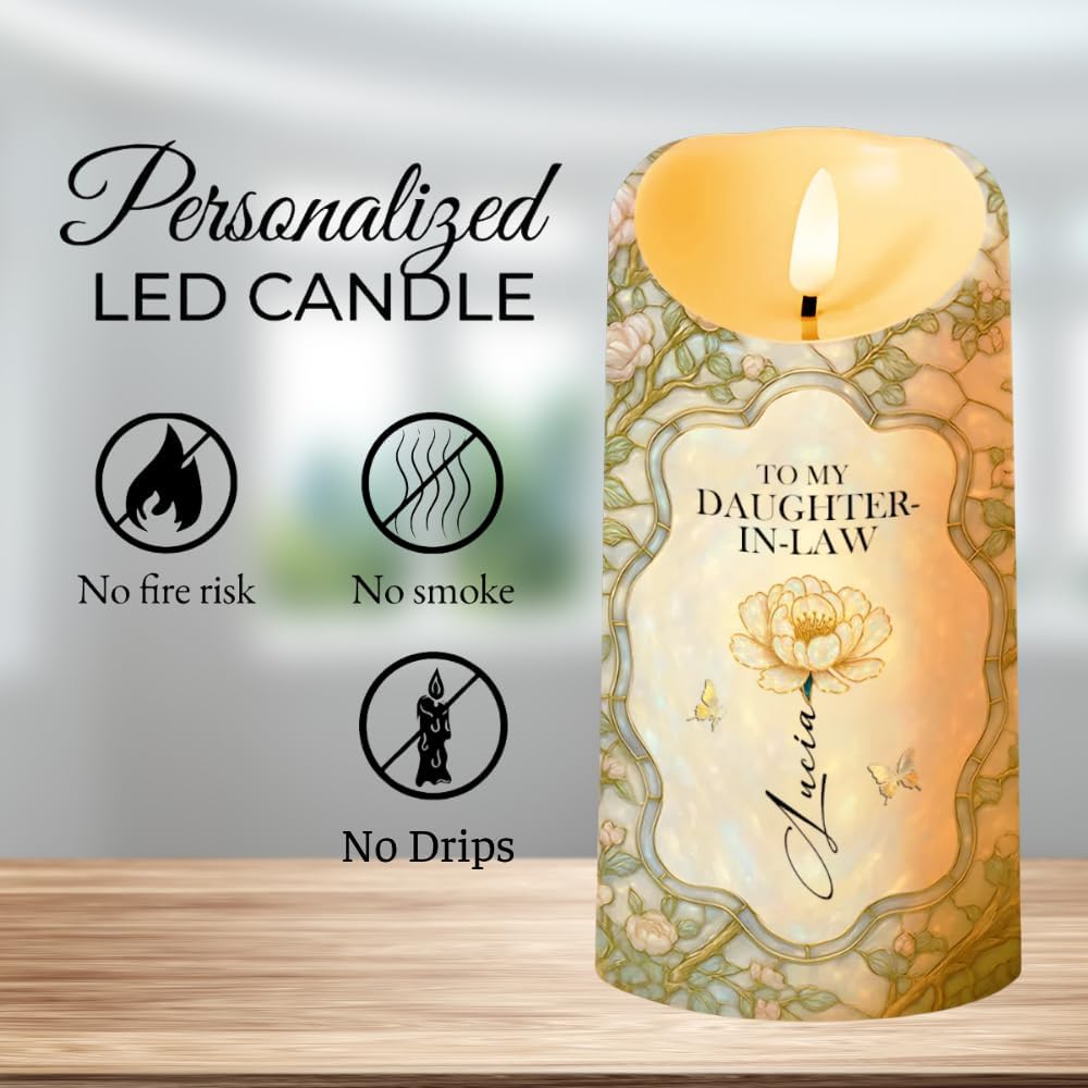 To My Daughter-In-Law, Gift of Life, Flowers and Butterfly Design, Personalized Custom LED Candle, Daughter in Law Birthday Gifts from Mother, Appreciation Thank You Gifts for Daughter-In-Law