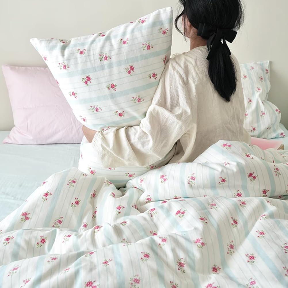 Michorinee Floral Single Duvet Cover Set Blue and White Striped Bedding Set including Zipper Closure 2pcs Microfiber Quilt Cover 135 x 200 and Pillow Case 50 x 75 cm