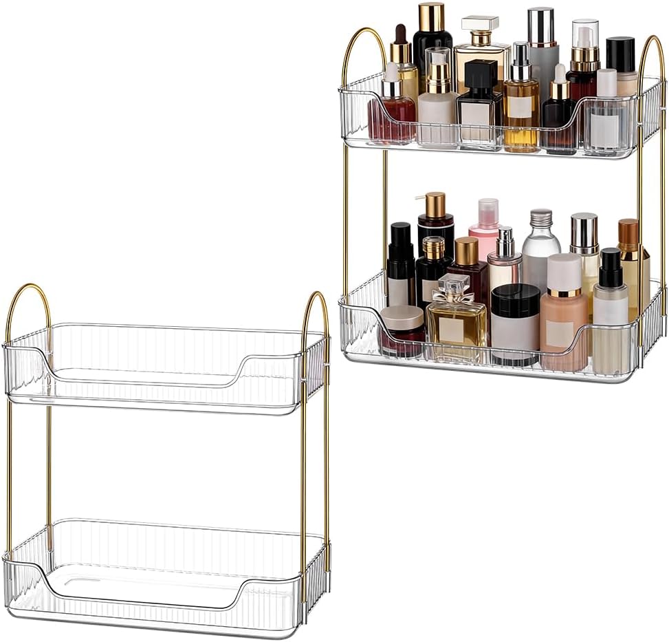 2 Pcs 2 Tiers Narrow Bathroom Organizers and Storage, Transparent Plastic Bathroom Counter Organizer, Skincare & Perfume Storage Shelf for Vanity Dresser, Cosmetic Holder for Bathroom