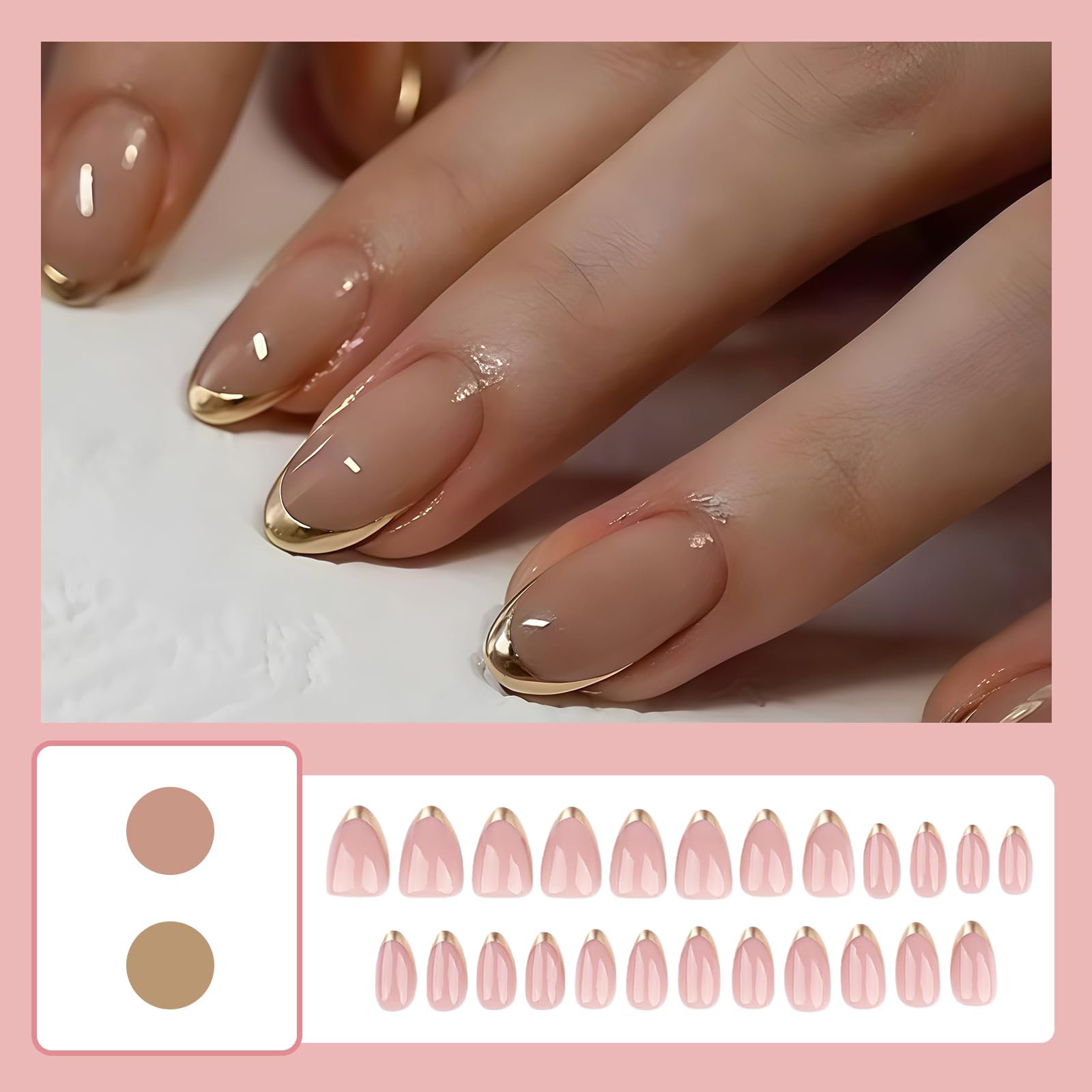 Press On Nails, 24 szt. Różowe krótkie sztuczne paznokcie ze złotymi końcówkami, błyszczące wykończenie żelowe, zestaw do paznokci wielokrotnego użytku z klejem dla kobiet