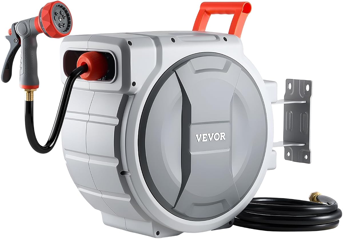 VEVOR Retractable Garden Hose Reel, 1/2 in x 100 ft, Wall Mounted Hose Reel with 9-Function Sprayer Nozzle and 180° Swivel Bracket, Any Length Lock, Automatic Slow Rewind System, for Garden Watering | for Cleaning Watering, with 9-Function Sprayer Nozzle and 180° Swivel Bracket, Any Length Lock, Automatic Slow Rewind System