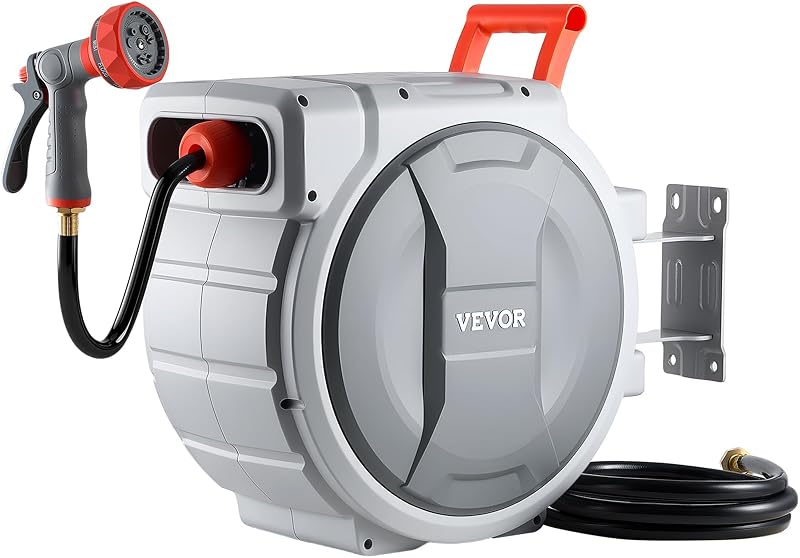 VEVOR Retractable Garden Hose Reel, 1/2 in x 100 ft, Wall Mounted Hose Reel with 9-Function Sprayer Nozzle and 180° Swivel Bracket, Any Length Lock, Automatic Slow Rewind System, for Garden Watering | for Cleaning Watering, with 9-Function Sprayer Nozzle and 180° Swivel Bracket, Any Length Lock, Automatic Slow Rewind System