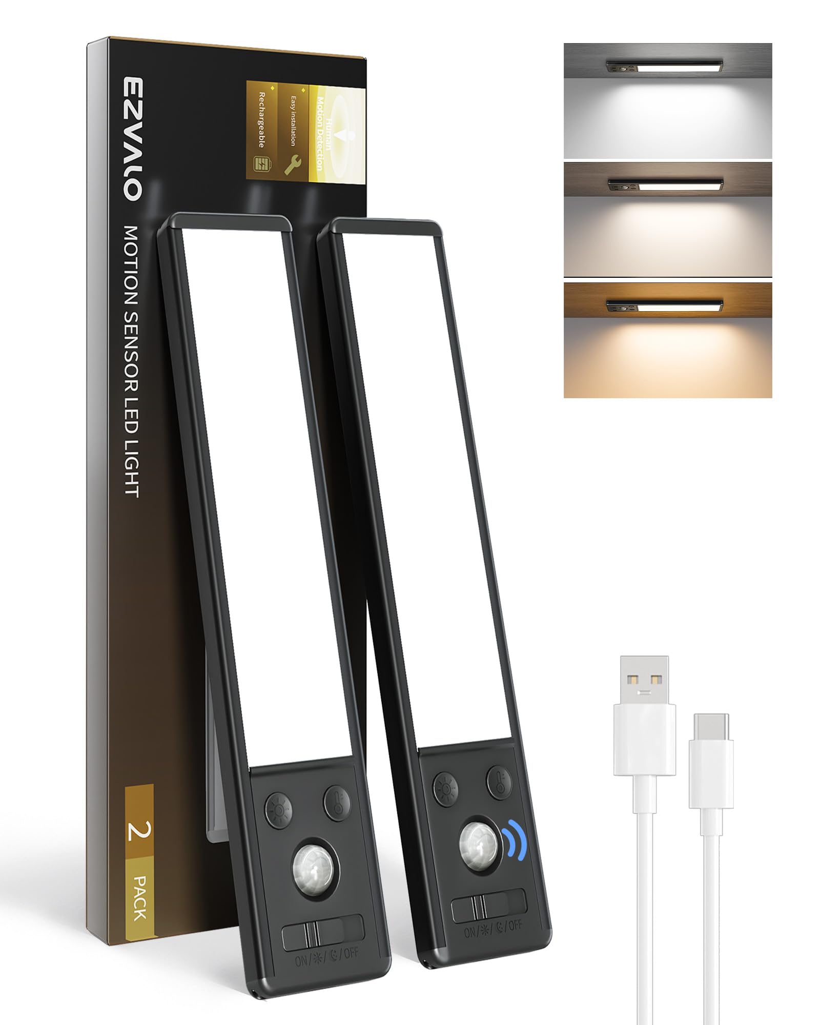 EZVALO Schrankbeleuchtung LED 20 cm, 62 LED Schrankleuchte Kabellos mit Bewegungsmelder, 2400mAh Aufladbar 3 Farbmodi Dimmbar Schranklicht, Unterbauleuchte Küche für Schrank, Küche, Schwarz (2 Stück)