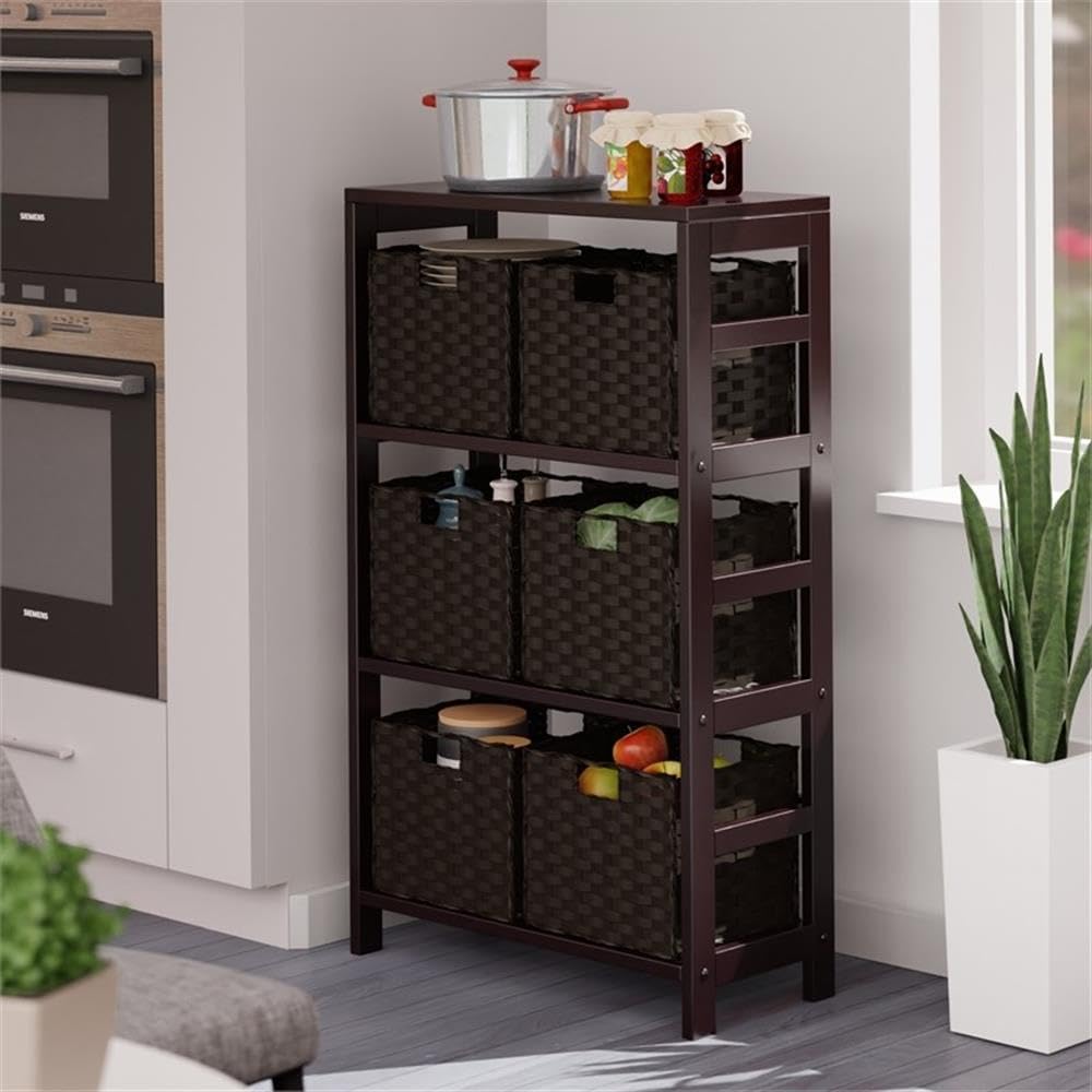 Winsome Leo 3-Tier Wide Storage Shelf with 6 Foldable Woven Baskets, for Living Room, Home Office, Bedroom, Espresso