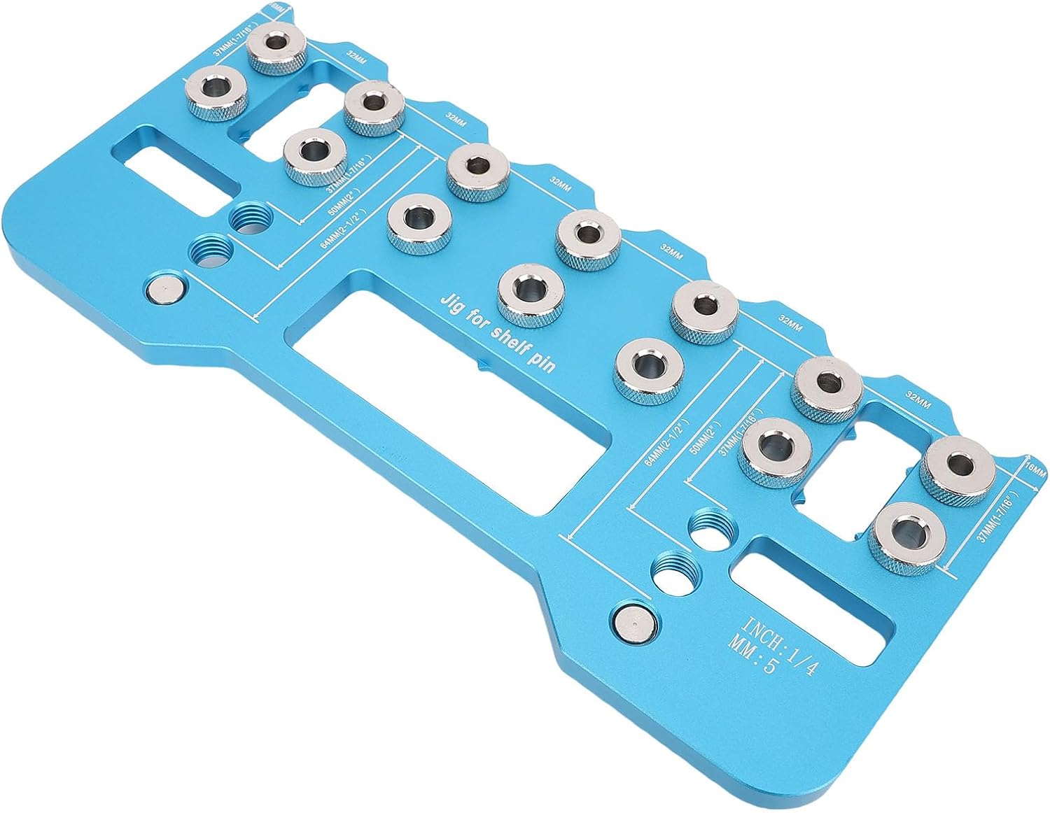 Eujgoov Shelf Pin Drilling Jig, Aluminum Alloy Adjustable Cabinet Handle Install Template with 5mm 6.2mm Drill Bits and Holder, for Woodworking Furniture Door Handle Drilling