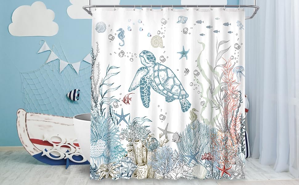 Miniatura 8 de Cortina de ducha náutica costera, divertida cortina de ducha para niños, tortuga marina, estrella de mar, caballito de mar bajo el agua, cortina de