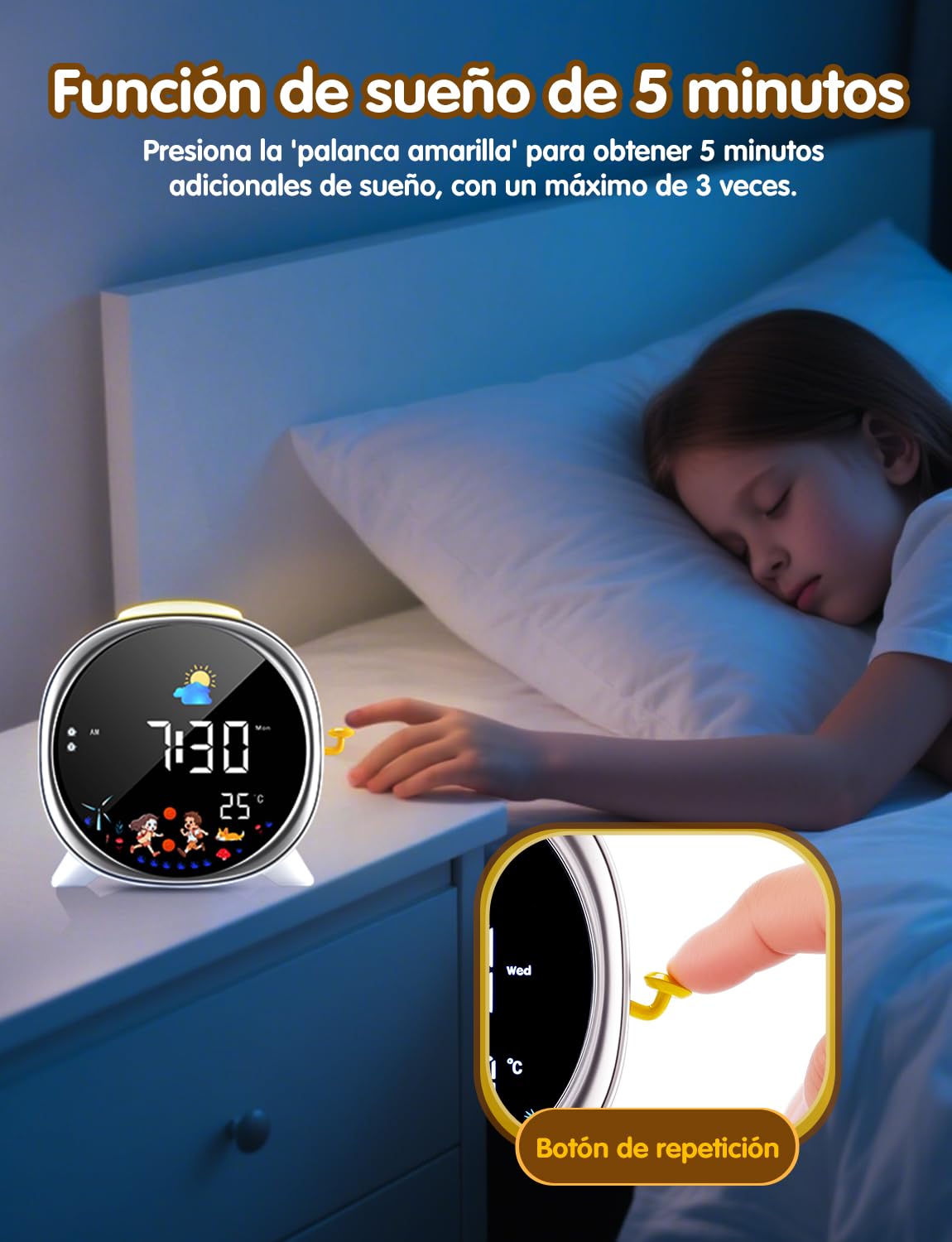 LIORQUE Despertador Infantil con luz Nocturna, Reloj Despertador Niños con Entrenamiento del Sueño, Alarmas Duales y Función Snooze, Modo Fin de Semana y Visualización de Temperatura