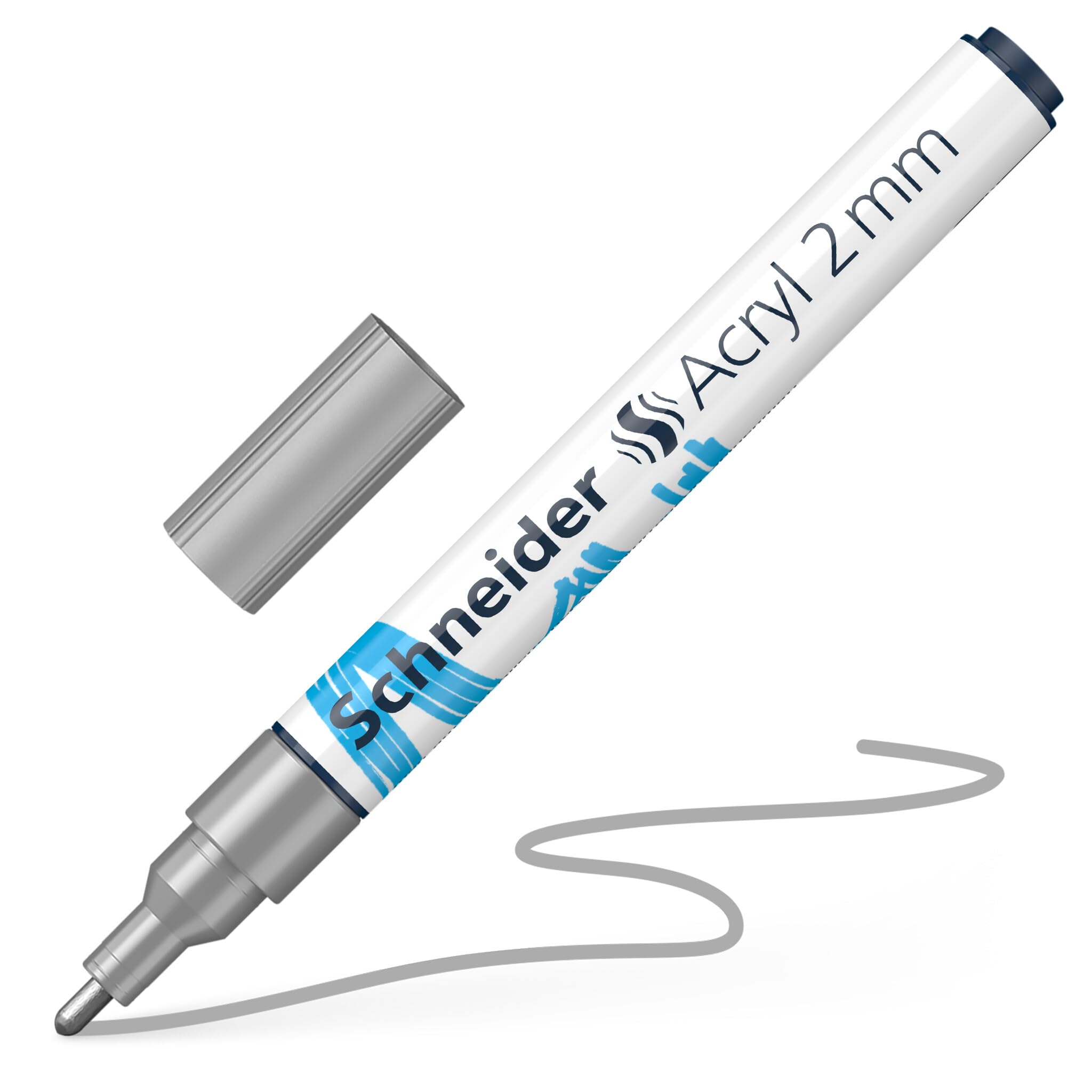 Schneider 120154 Paint-It Acrylstift (mit 2 mm Rundspitze, hochdeckende Acrylfarben für Holz, Leinwand, Stein uvm.) 1 Stück, silber