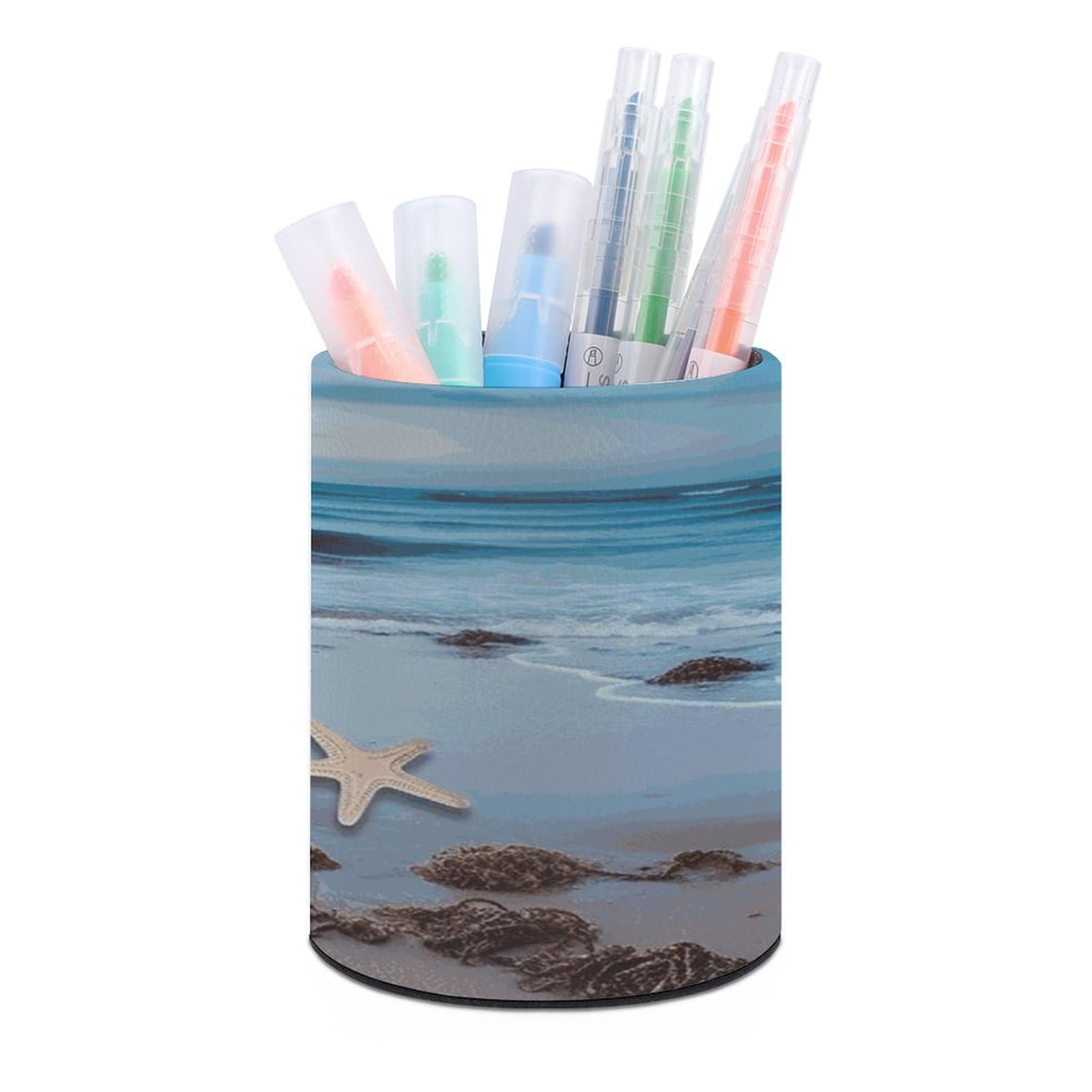 LDGSUPH Starfish Lighthouse Beach Round Pen Holder Leather Pen Cup Pencil Cup Pen Organizer Pencil Holder for Desk Organizer Pencil Organizers Makeup Brush Holders for Home Office Gift
