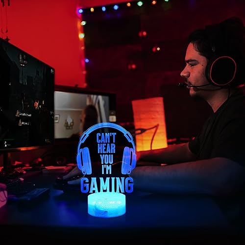 Miniatura 2 de Can't Hear You I'm Gaming - Luz nocturna para niños y niñas, lámpara de ilusión 3D, auriculares inalámbricos con 7 colores cambiantes, táctil y