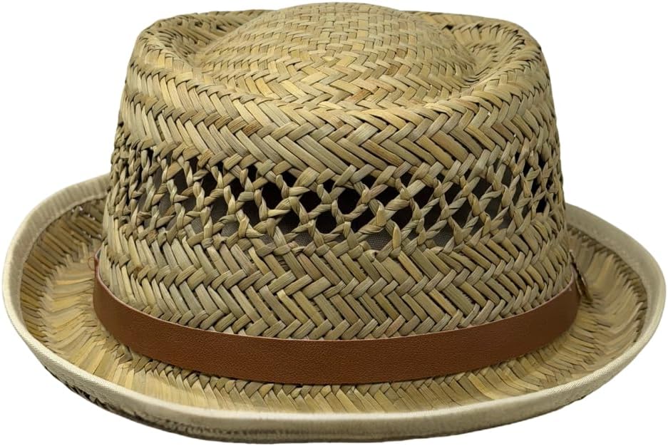 Rush Straw Pork Pie Hat for Men & Women(Hand Made) – Boater Derby Fedora Sun Hat with Upturn Brim, Brown Leather Band & Pineapple Accent – One Size Fits Most.