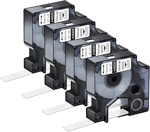 NineLeaf Paquete de 4 cintas de etiquetas compatibles con Dymo D1 45020 S0720600 de 0.472 in y 12 pulgada de color blanco sobre repuestos
