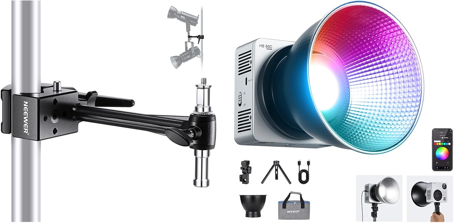 NEEWER HB80C RGBWW LED Video Light with Built-in 72Wh Battery & 100W PD Fast Charging, 80W Mini RGB COB Continuous Output Lighting and Super Clamp with 6" Extension Arm Kit for Photography