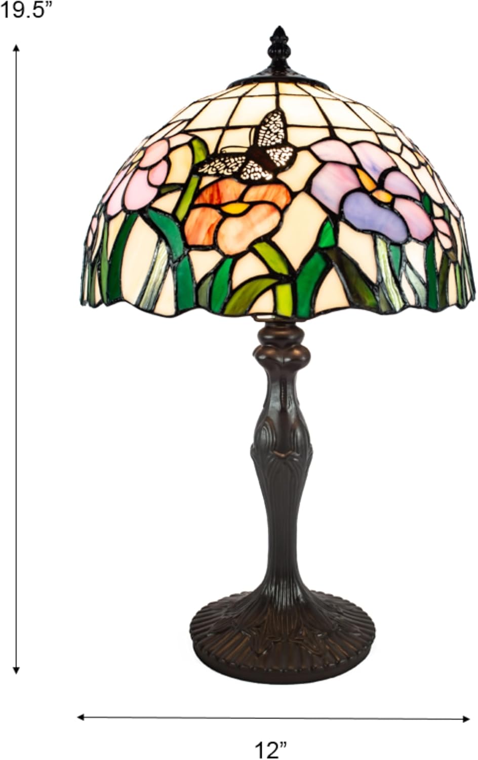 Dale Tiffany Traditional Tiffany Style Table Lamp 19.5" Tall Pazio Floral Butterfly Antique Bronze Finish Base Handcrafted Art Glass Shade for Home Décor, Living Room, Bed Room and Office