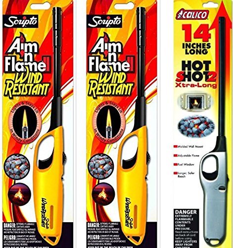3 Pack - 1 Pack Calico Hot Shot 2 Xtra Long + 2 Pack Scripto Multi Purpose Wind Resistant Lighter (Assorted Color)