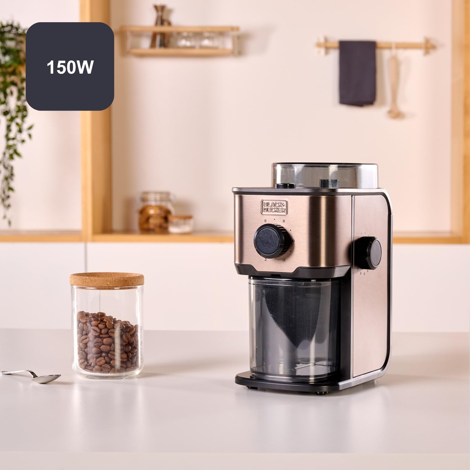 Black+Decker - Elektryczny młynek do kawy BXCG151E | 200g Zbiornik | 14 poziomów mielenia | Pojemność 12 filiżanek | Konstrukcja ze stali zapobiegającej odciskom palców | Świeża i aromatyczna kawa |