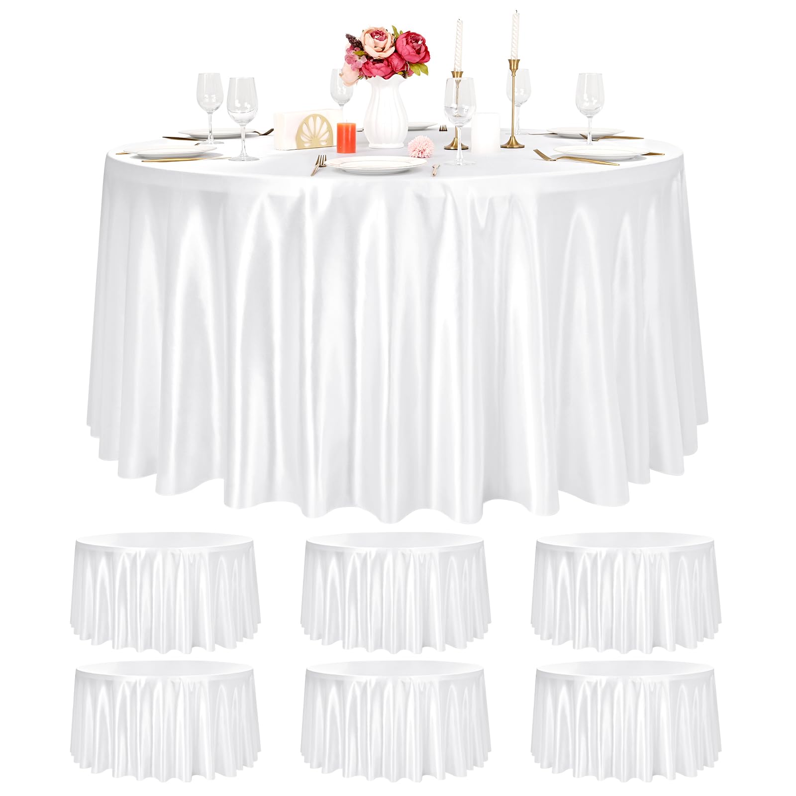 Pesonlook 6 Pack White Round Tablecloth, 90 Inch Satin Fabric Tablecloth for Round Table, Wrinkle Resistant Washable TableCover Bright Silk